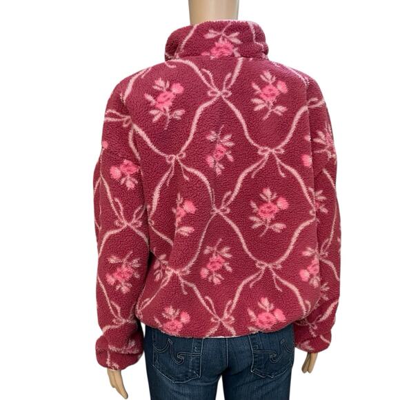 Old Navy Quarter Zip Sherpa Pullover Jacket Small Floral Bow Print Coquette Pink - Picture 5 of 8